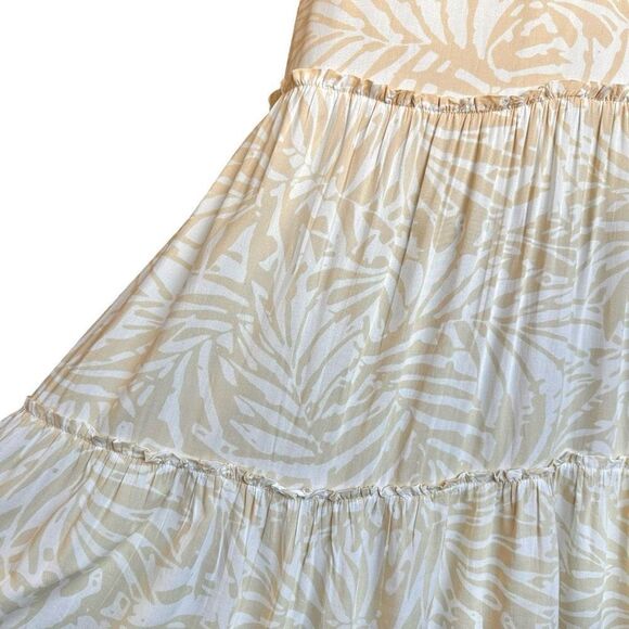 NWOT Patrons of Peace Palm Print Tie Front Tiered Maxi Dress Tan White - Picture 6 of 11